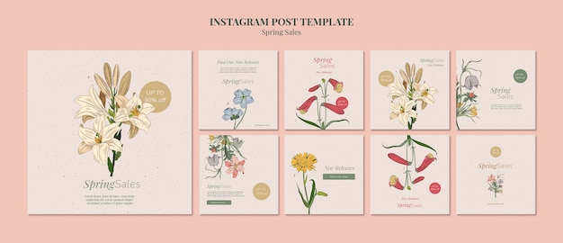 Handgezeichnete Vorlage für Instagram-Posts im Frühjahrsverkauf