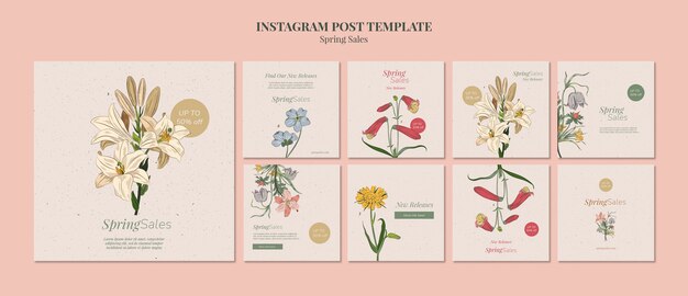 Handgezeichnete Vorlage für Instagram-Posts im Frühjahrsverkauf