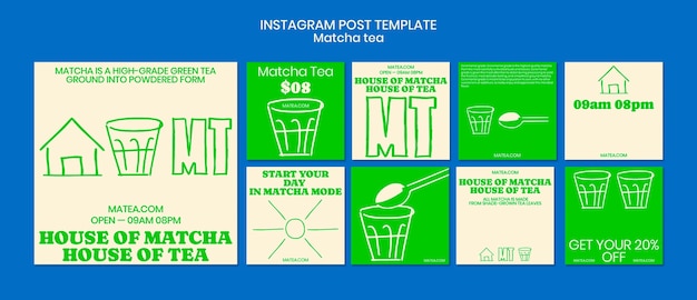 Kostenlose PSD handgezeichneter matcha-tee-instagram-posts