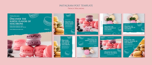 Kostenlose PSD handgezeichnetes instagram-post-set für französische macarons