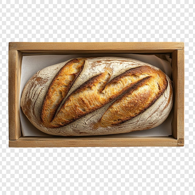 Handwerkliches Brot in einer Holzkiste Ein goldenbraunes Brot