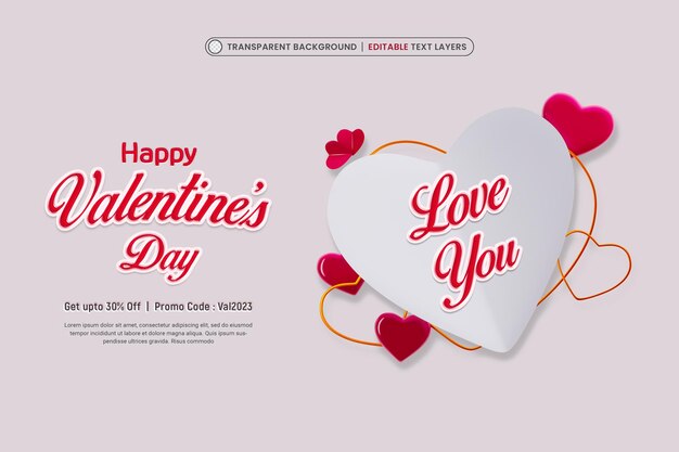 Kostenlose PSD happy valentinstag mit 3d-herz-vorlage