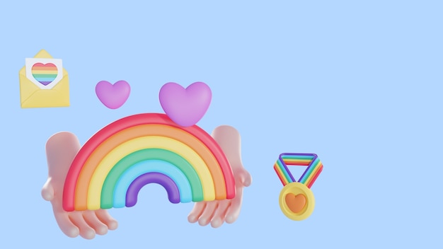 Hintergrund des Stolzes 3d mit den Händen, die Regenbogen halten