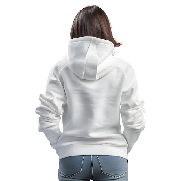 Kostenlose PSD hintergrundansicht einer jungen frau, die einen weißen hoodie trägt, isoliert auf weißem hintergrund