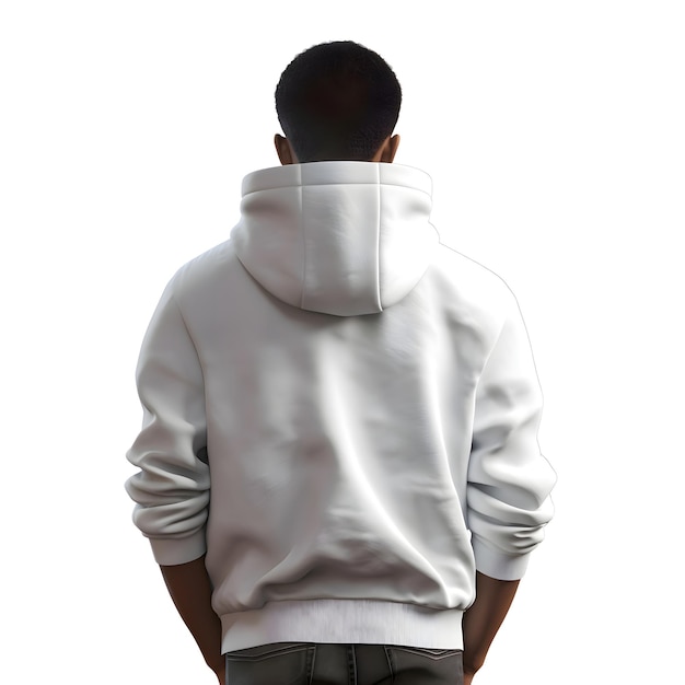 Hintergrundansicht eines jungen mannes, der einen weißen hoodie auf weißem hintergrund trägt