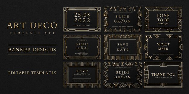 Hochzeitseinladungs-PSD-Set-Vorlage mit Art-Deco-Muster für Social-Media-Banner