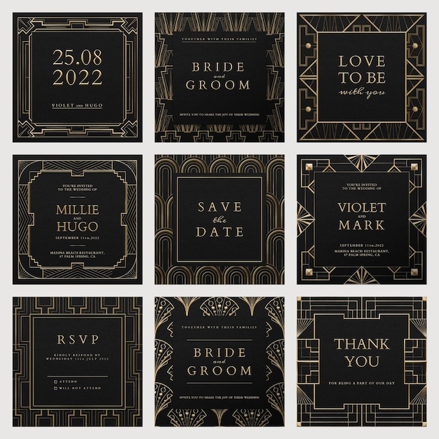 Hochzeitseinladungs-PSD-Set-Vorlage mit Art-Deco-Muster für Social-Media-Post