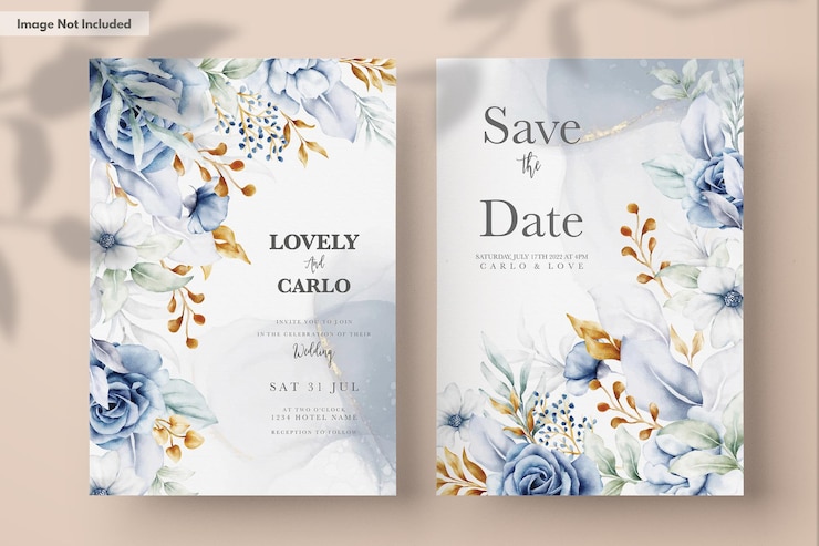 Kostenlose PSD hochzeitseinladungskarte mit wunderschönem blumenmuster in weiß, blau und gold