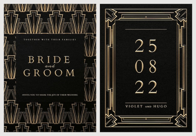 Hochzeitseinladungskarte psd-set-vorlage mit geometrischem art-deco-stil auf dunklem hintergrund