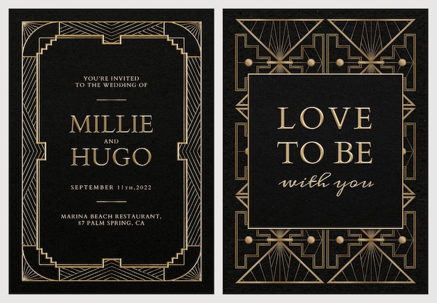 Hochzeitseinladungskarte PSD-Set-Vorlage mit geometrischem Art-Deco-Stil auf dunklem Hintergrund