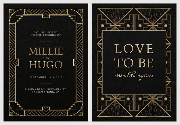 Hochzeitseinladungskarte PSD-Set-Vorlage mit geometrischem Art-Deco-Stil auf dunklem Hintergrund