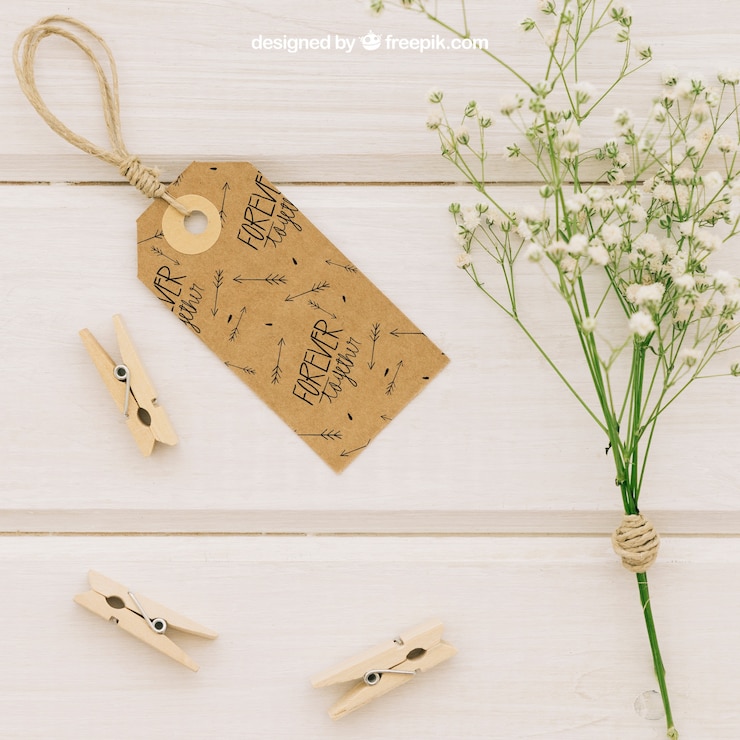 Kostenlose PSD hochzeitsetikett mit wäscheklammern und blumenstrauß
