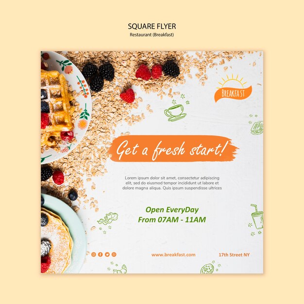 Holen Sie sich einen Neustart mit Frühstück Quadrat Flyer Vorlage