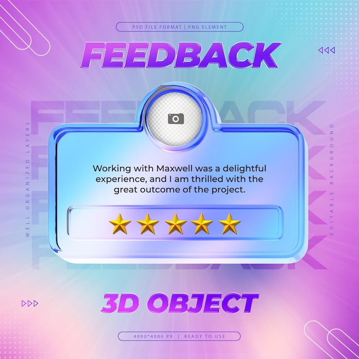 Kostenlose PSD holographische feedback-überprüfung und sternenbewertung für social-media-post-design-vorlage