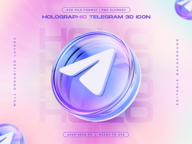 Kostenlose PSD holographische social media telegram icon 3d-render-illustration