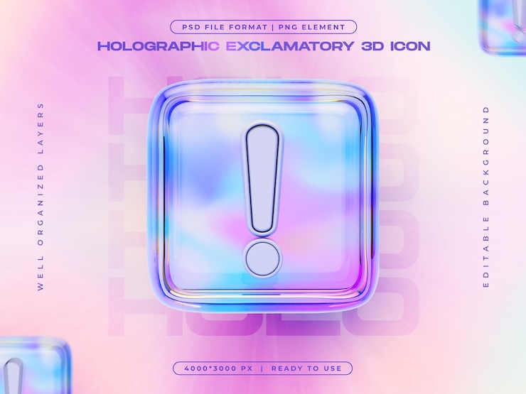 Kostenlose PSD holographisches ausrufezeichen-symbol isolierte 3d-rendering-illustration