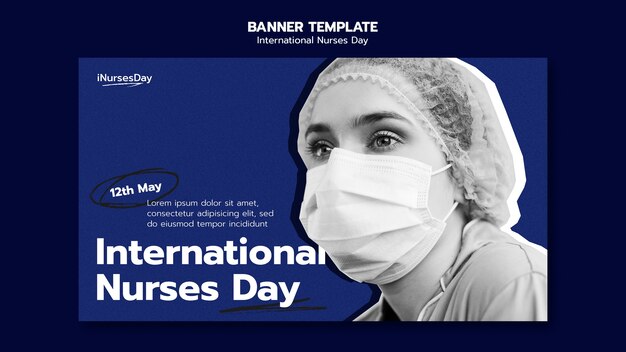 Horizontale Banner-Vorlage für den Internationalen Tag der Krankenschwestern mit einer Krankenschwester, die eine medizinische Maske trägt