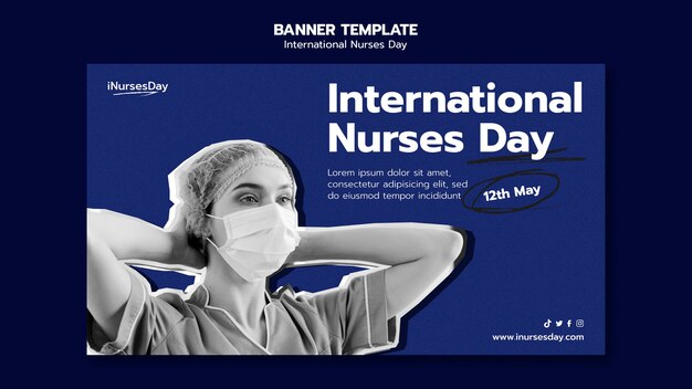 Horizontale Banner-Vorlage für den Internationalen Tag der Krankenschwestern mit einer Krankenschwester, die eine medizinische Maske trägt