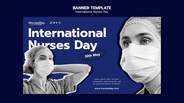 Horizontale Banner-Vorlage für den Internationalen Tag der Krankenschwestern mit einer Krankenschwester, die eine medizinische Maske trägt