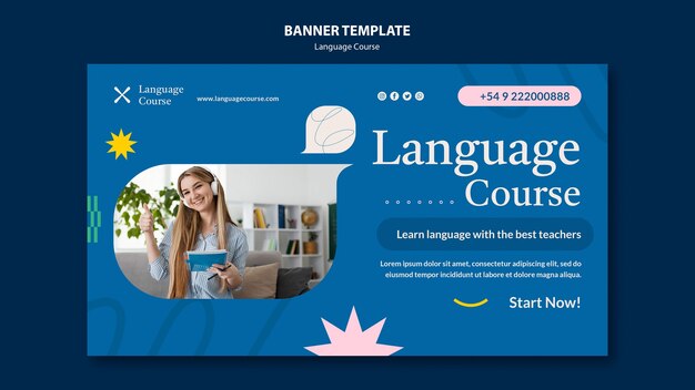Horizontale Banner-Vorlage für Sprachkurse mit abstrakten Kritzeleien