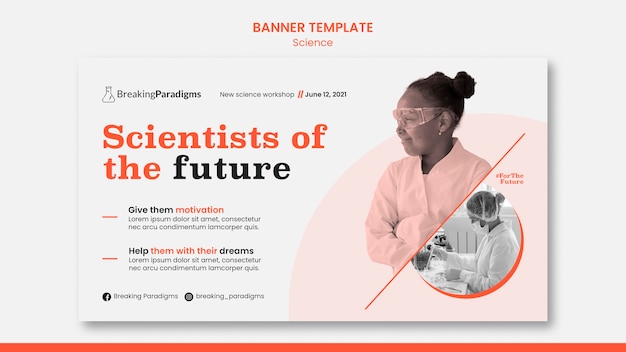 Kostenlose PSD horizontale bannervorlage für die konferenz der neuen wissenschaftler