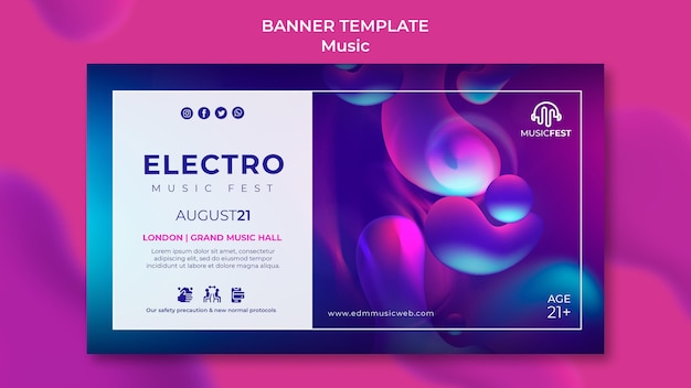 Kostenlose PSD horizontale bannervorlage für elektromusikfestival mit neon-flüssigeffektformen