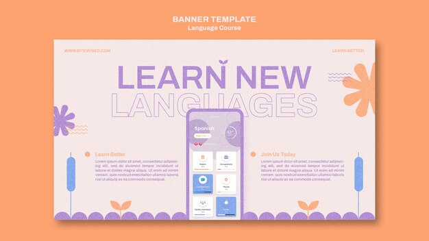 Kostenlose PSD horizontale bannervorlage für fremdsprachenunterricht im blumenstil