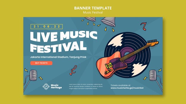 Horizontale Bannervorlage für Musikfestivals mit handgezeichneter Schallplatte und Gitarre