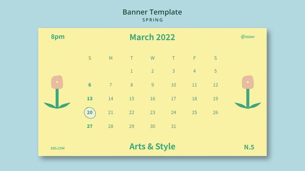 Horizontale Fahnenschablone des Frühlinges mit Blume und Kalender