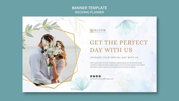 Horizontale Fahnenschablone des Hochzeitsplaners mit Aquarellblumenmuster