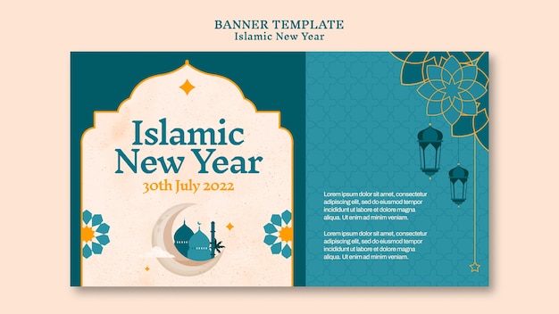 Horizontale Fahnenschablone des islamischen neuen Jahres mit Blumenmuster