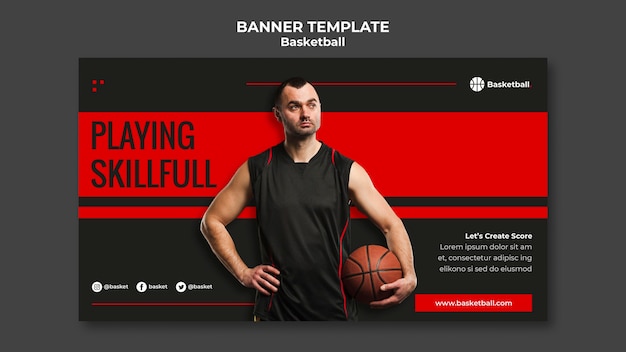 Horizontale Fahnenschablone für Basketballspiel mit männlichem Spieler
