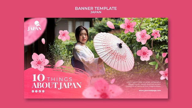 Horizontales Banner für Reisen nach Japan mit Frau und Kirschblüte