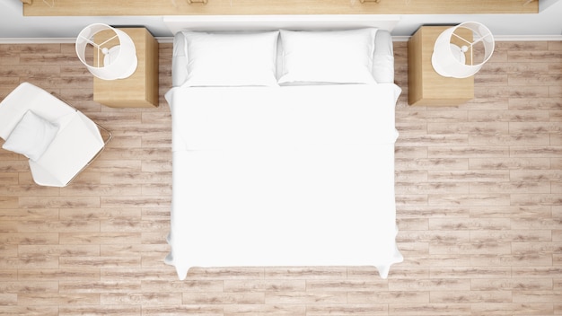 Hotelzimmer oder schlafzimmer mit doppelbett, draufsicht