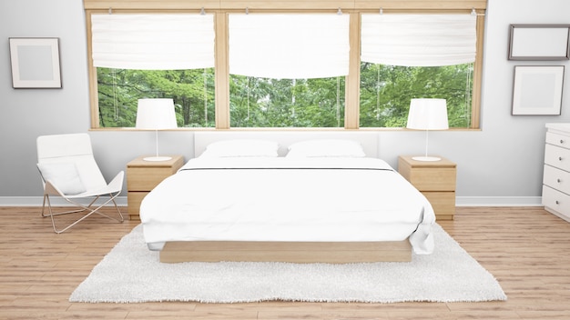 Hotelzimmer oder Schlafzimmer mit Doppelbett und Gartenblick aus den Fenstern