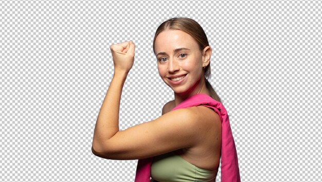 hübsche blonde Fitnessfrau mit einem Kopierraum