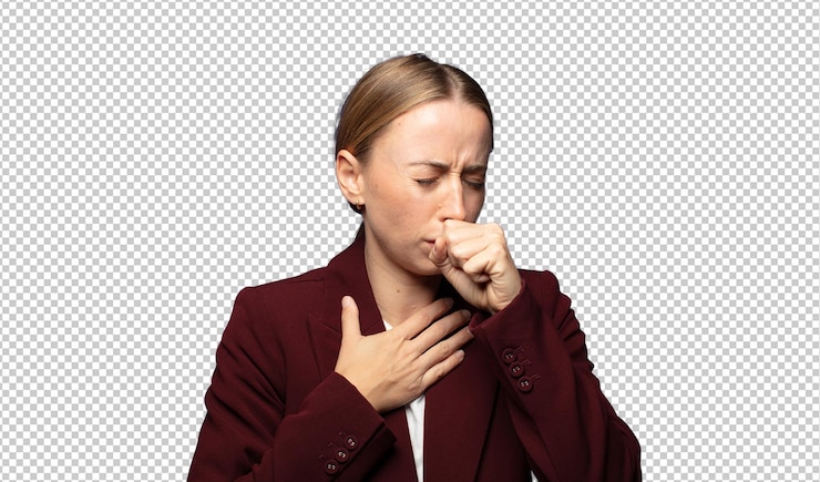 Kostenlose PSD ich fühle mich krank mit halsschmerzen und grippesymptomen, die mit bedecktem mund husten