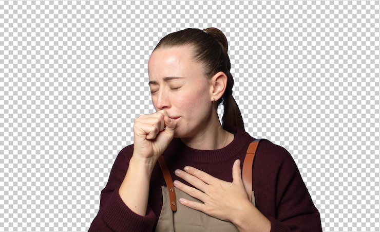 Kostenlose PSD ich fühle mich krank mit halsschmerzen und grippesymptomen, die mit bedecktem mund husten