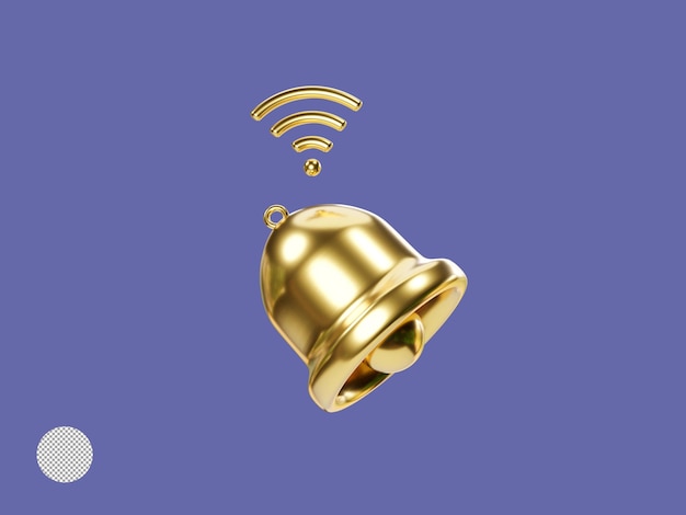Illustration des goldenen glockenläutens für anwendungsbenachrichtigungsalarm auf violettem hintergrundkonzept durch 3d-darstellung