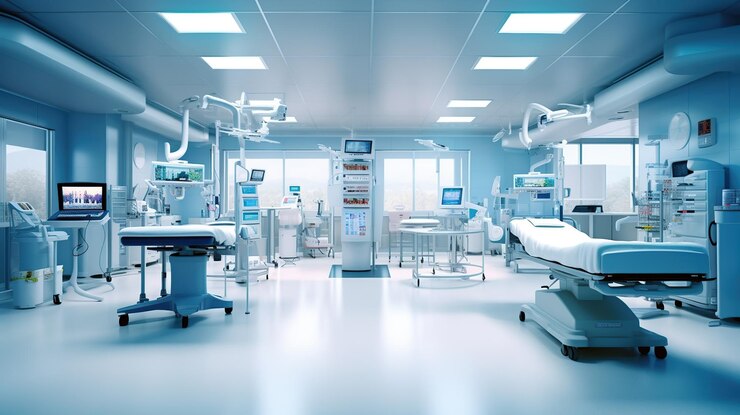 Kostenlose PSD innenraum einer modernen notaufnahme mit leerer krankenschwesterstation generative ki