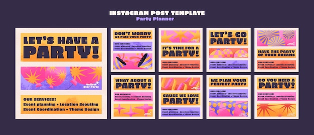 Kostenlose PSD instagram-beiträge für partyplaner mit farbverlauf