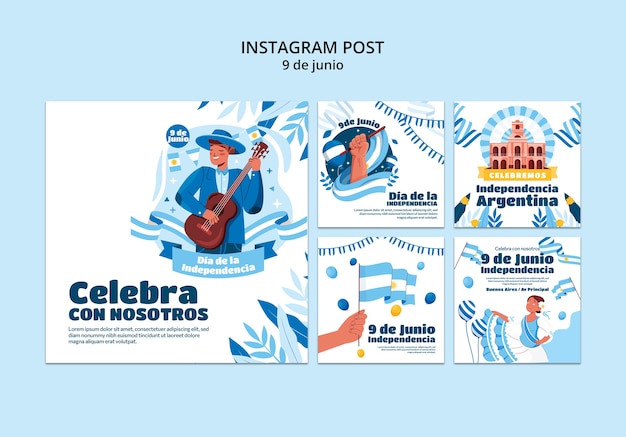 Kostenlose PSD instagram-beiträge zum argentinischen unabhängigkeitstag im flachen design