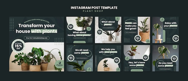 Kostenlose PSD instagram-beiträge zur pflanzenpflege im flachen design