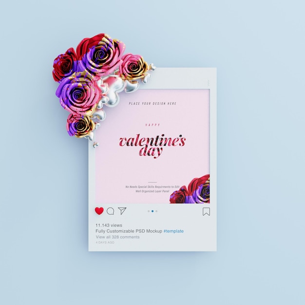 Kostenlose PSD instagram post mockup mit valentine vibes, verziert mit süßen rosen und liebesherzen