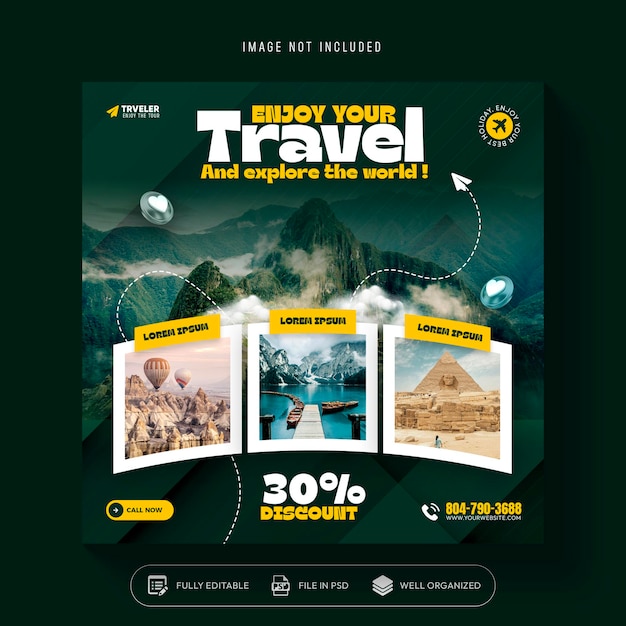 Instagram-Post oder Social-Media-Post-Web-Banner-Vorlage für Reise- und Reisebüros