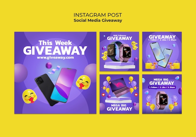 Instagram-posts mit farbverlauf für social-media-werbegeschenke