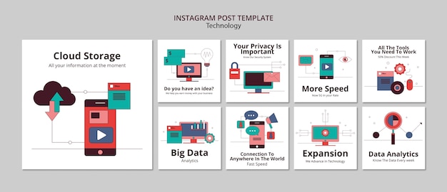 Kostenlose PSD instagram-posts mit flachem design-technologiekonzept