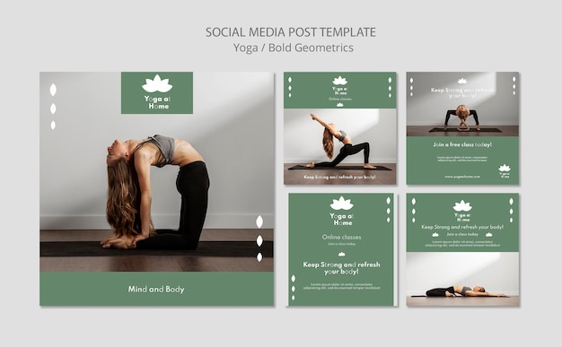 Kostenlose PSD instagram posts sammlung mit frau, die yoga praktiziert