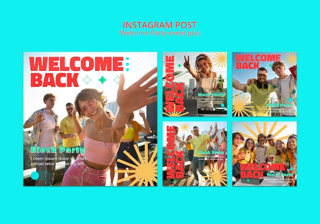 Kostenlose PSD instagram-posts zur retro-willkommensparty