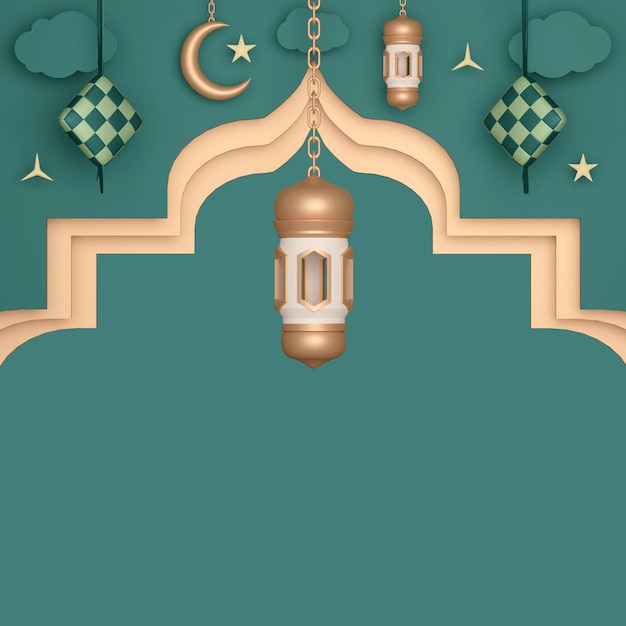 Islamischer display-dekorationshintergrund mit arabischen laternenketupat-halbmond und -wolke Premium PSD